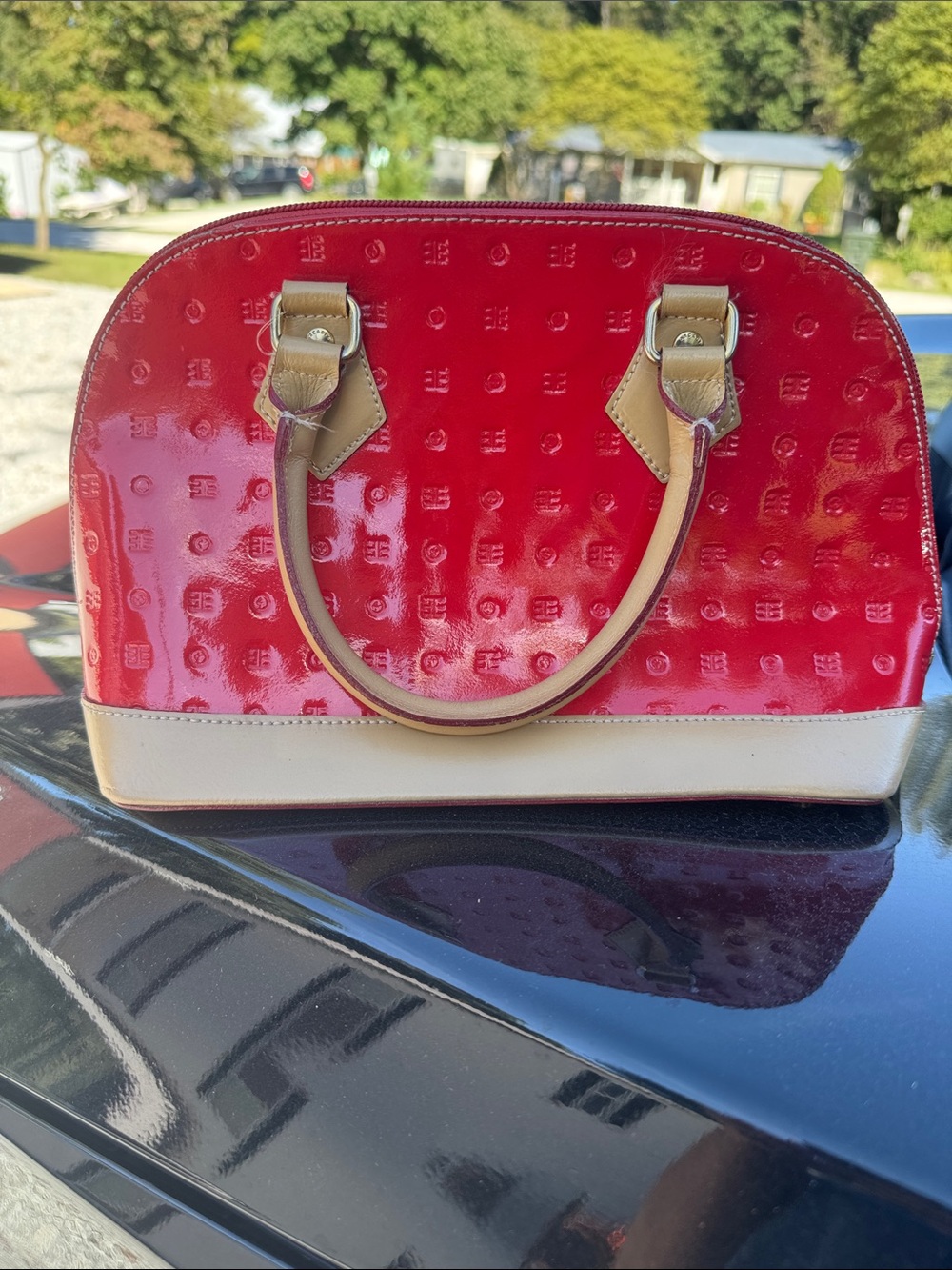 Arcadia Red Patent Dome Satchel with Tan Trim